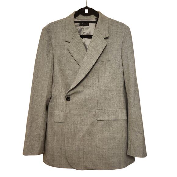 Theory Gray New Pure Flannel Double Breasted Wool Blend Overlap Blazer Size 4 - Picture 1 of 13